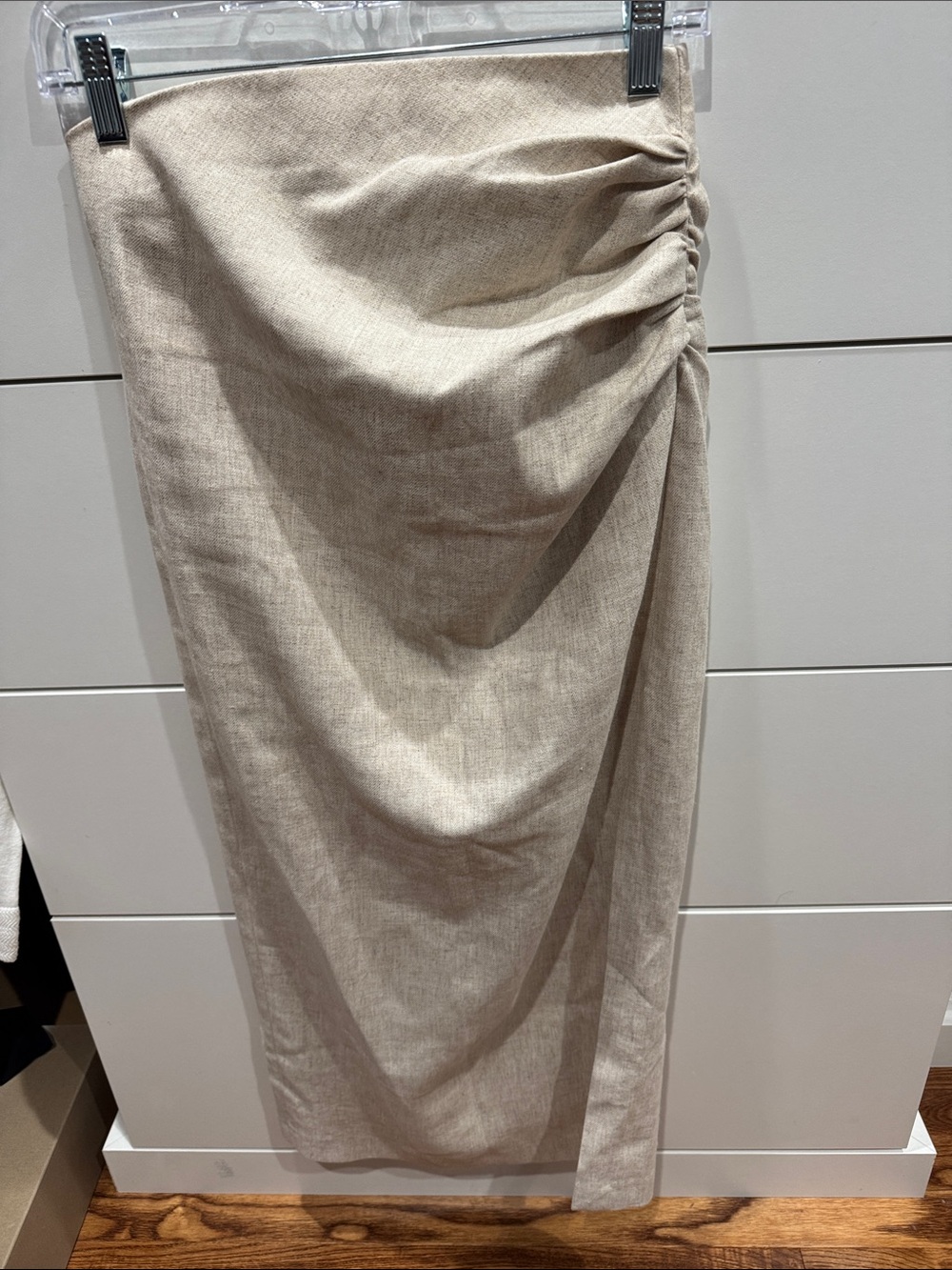 Zara Neutral Beige Ruched-Side Midi Skirt